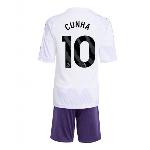 Stroje piłkarskie Manchester United Matheus Cunha #10 Koszulka Wyjazdowej dla dzieci 2025-26 Krótki Rękaw (+ szorty)